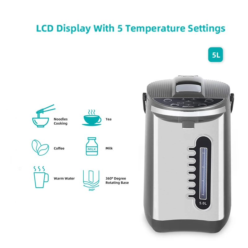 AECCN OEM Kitchen 5L 680W LCD Display Re-boil Childlock Timer Setting Dry Boiling Protection home appliances hot water dispenser