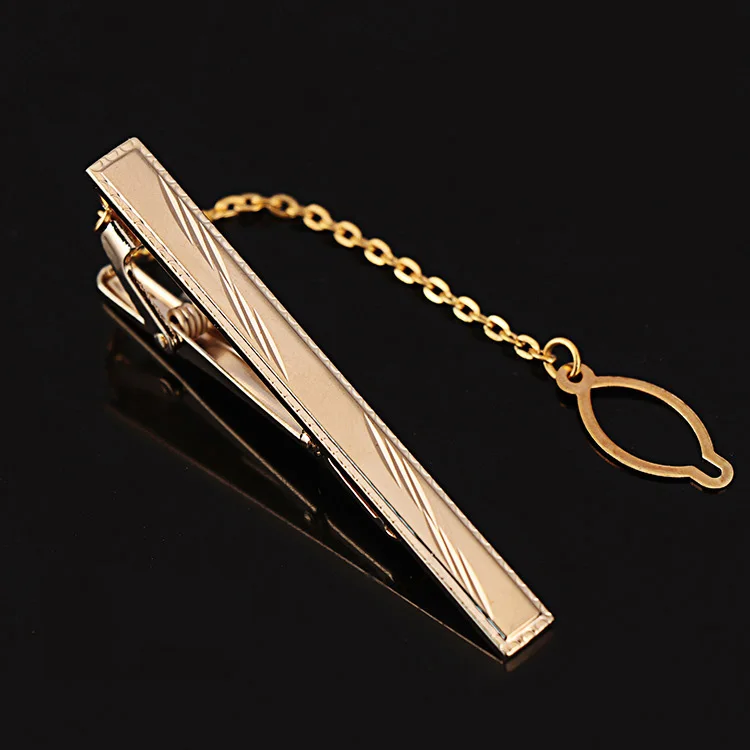 High Quality OEM Competitive Price Gold Plated Tie Clips With Chain Wedding Tie Bars Stainless Steel Tie Clips for Men