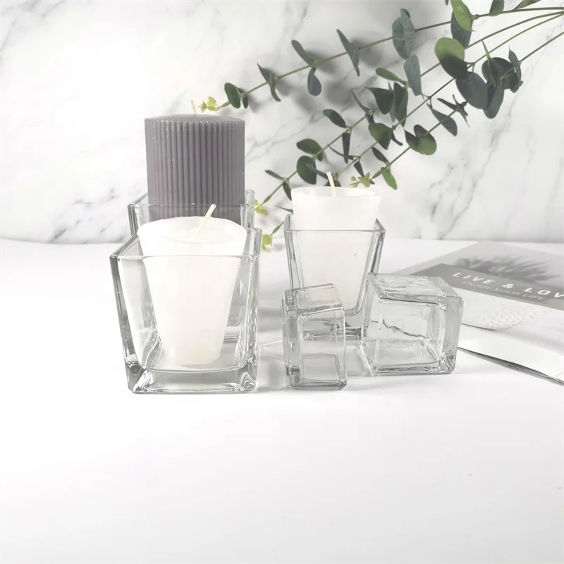 Square shape 4inch  glass candle holder hot sell candle jar for wedding and ceremony wholesale cheap clear candle glass holders