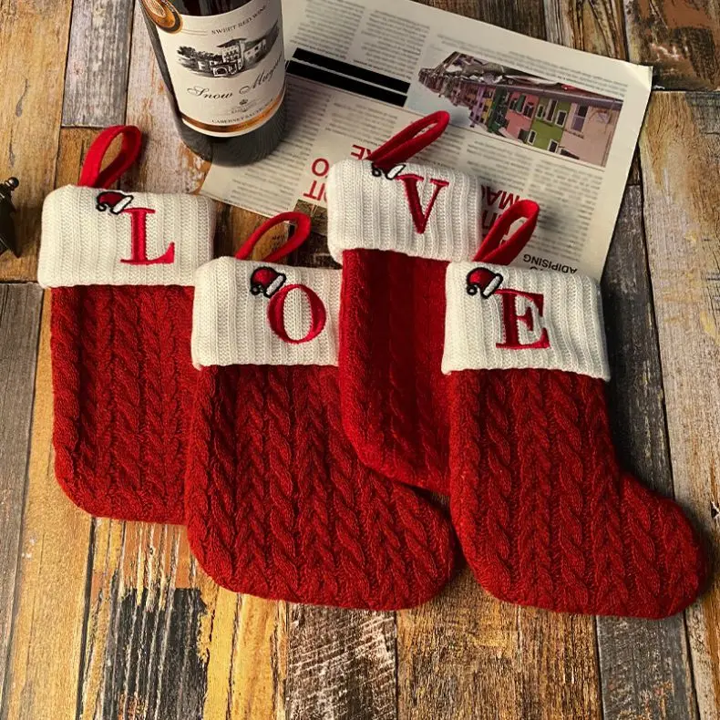 2024 Christmas Socks Red Snowflake Letters Christmas knitting Stocking Christmas Tree Decoration For Home Xmas Ornament Gift