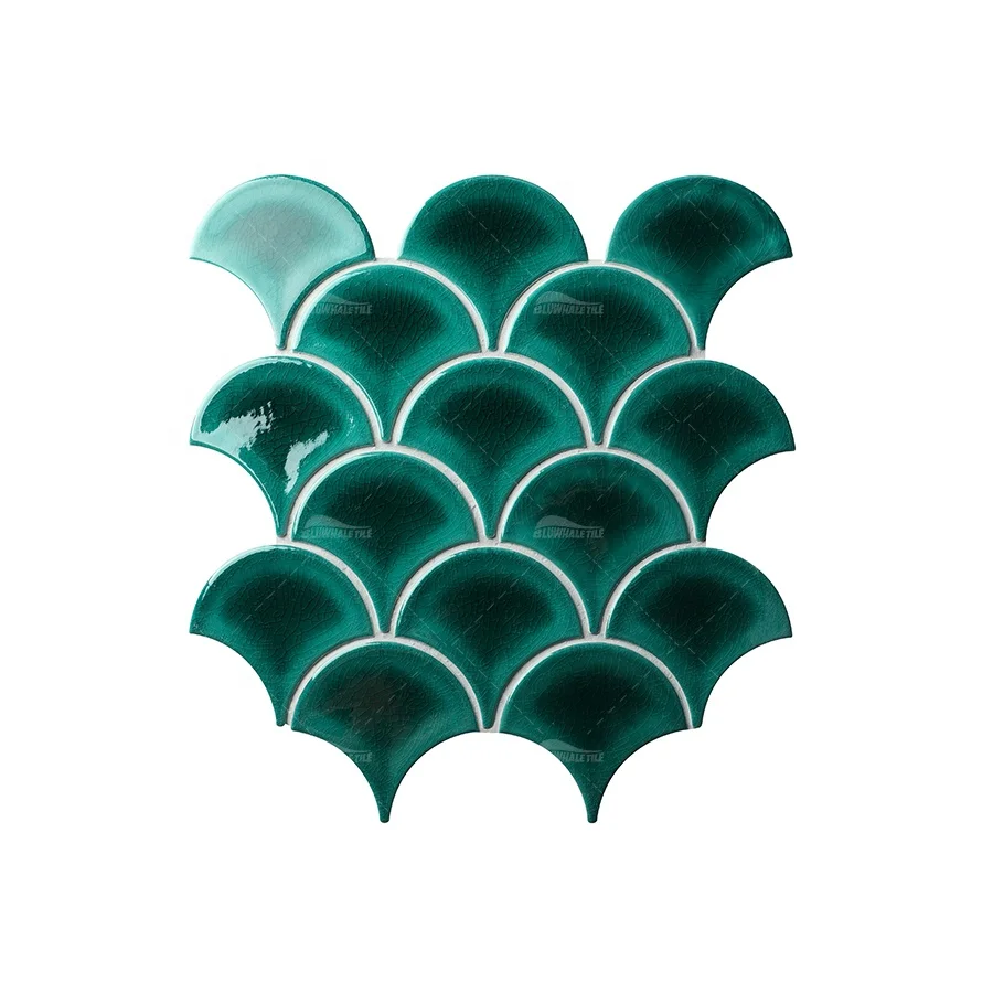 Ice Crackle Pattern Glazed Green Fish Scale Porcelain Ceramic Wall Mosaic Aqua Turquoise Fish Scale Pool Tile