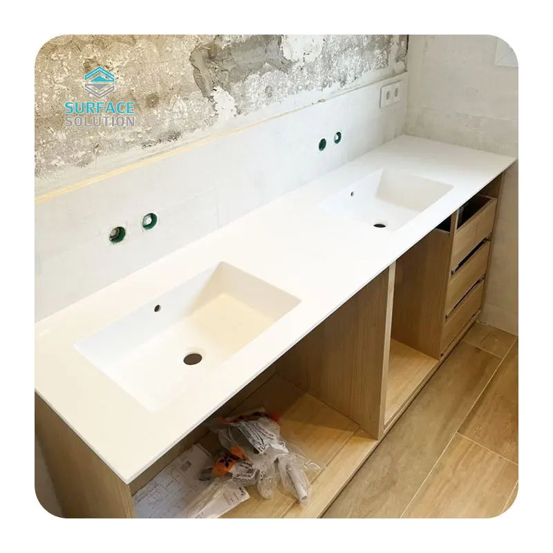 Modern white color artificial stone korean acrylic solid surface double basin bathroom vanity top with sink