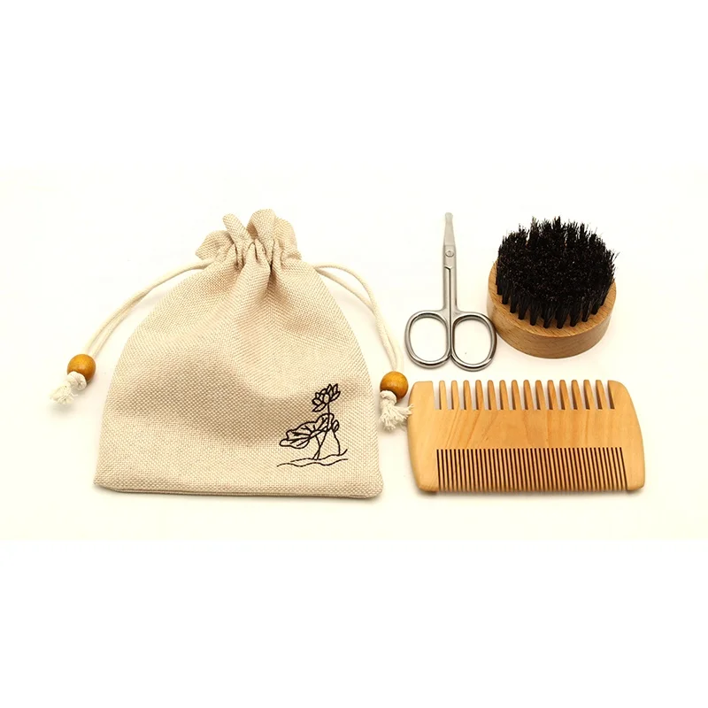 Custom logo barber shear beard brush wooden comb beard grooming kit