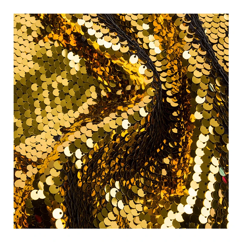 100% Polyester Mesh Fabric Matte Gold Sequin Embroidery 18mm Large Sequin Fabrics Home Decoration