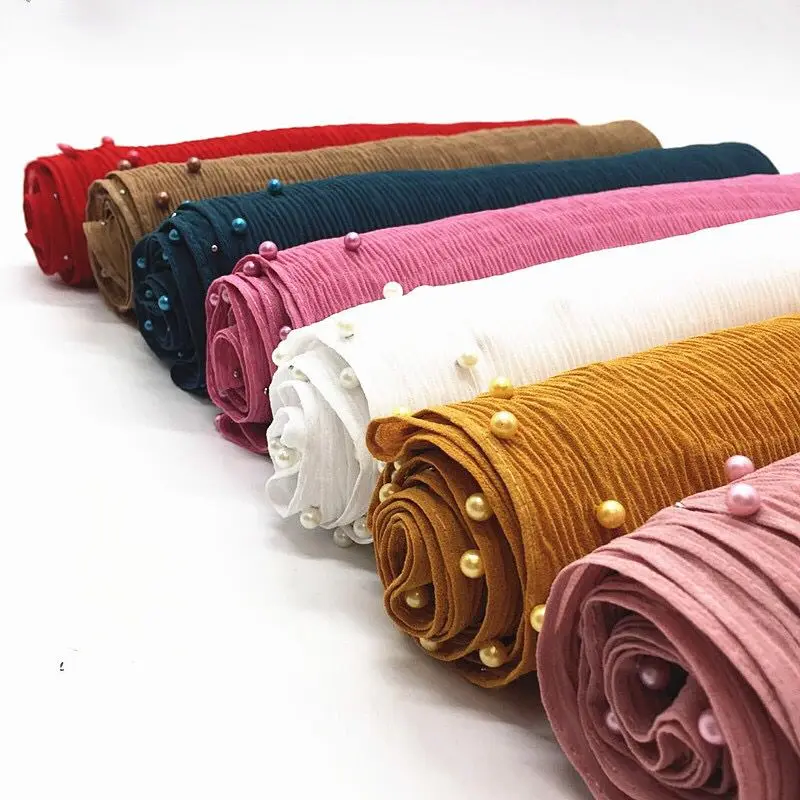 Wholesale crinkle chiffon hijab with pearls pleated chiffon scarf