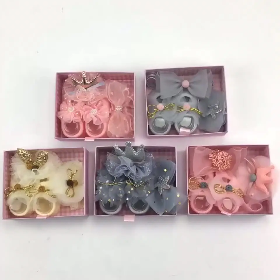 In Stock Hot Selling 40 Species Headwear Korean Gifts Box Pack Bows Lace Flower Headband Set Anti Slip Baby Sock