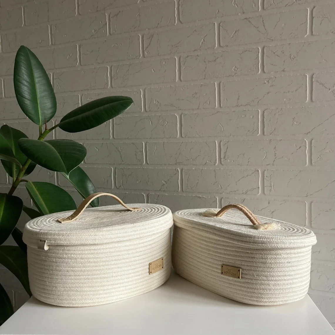 White oval storage basket with lid natural organic Cotton rope basket with handle