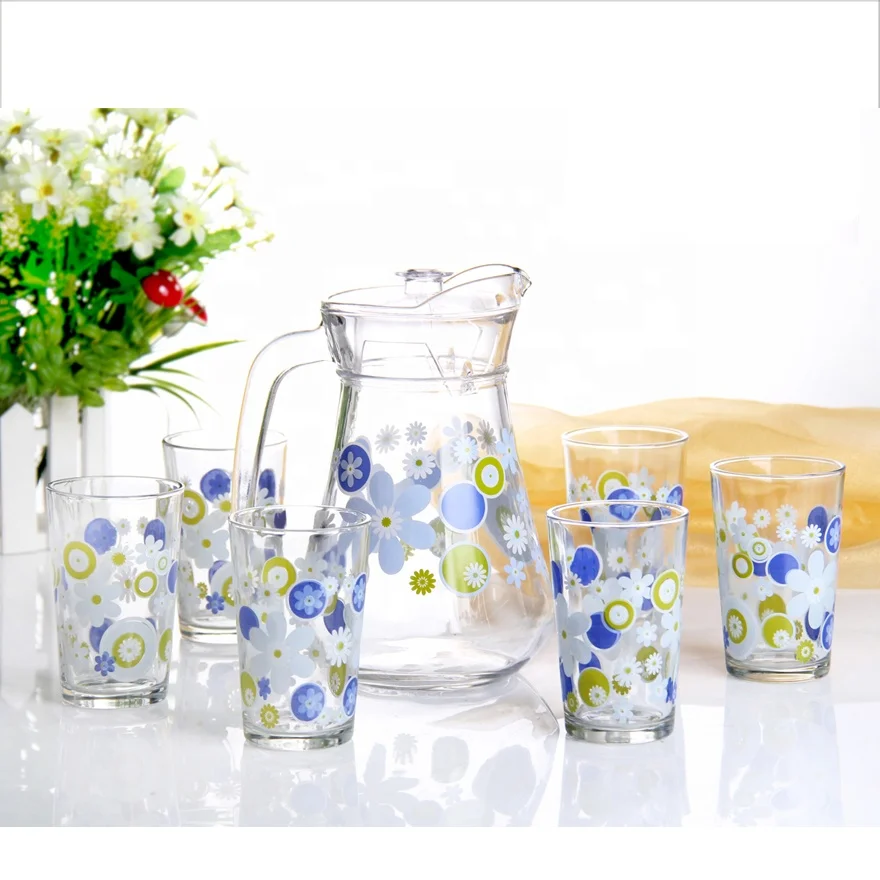 Summer glassware drinking set 7pcs set with 1L 1000ML glass jug and 6 glass cups with custom printing for hot and cold juice tea