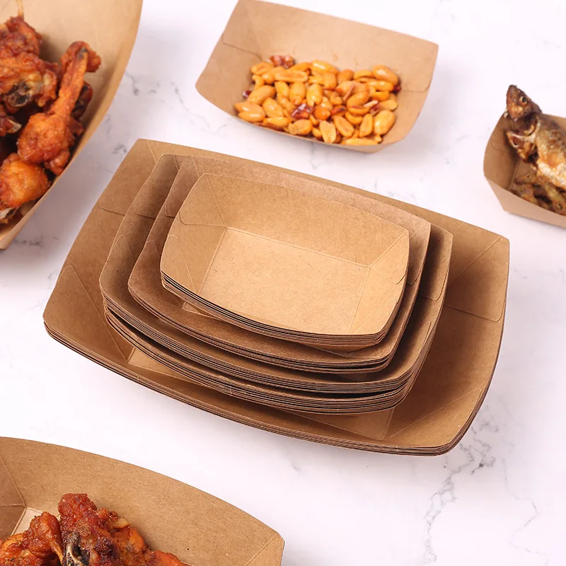 High Quality Disposable  Eco Friendly Paper Food Boats Shaped Trays Kraft Paper Food Powl Paper Tray