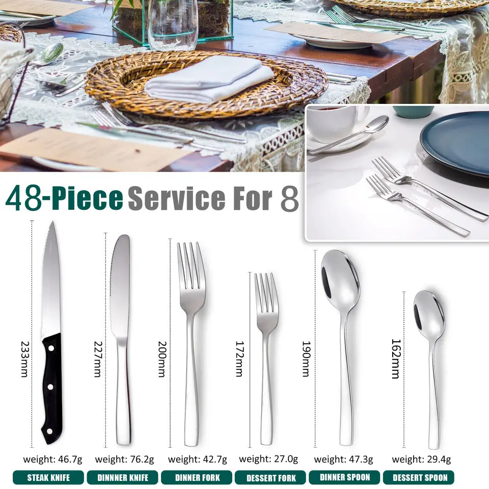 Wholesale Stainless Steel Silverware Mirror Silver Spoon Fork Knife 48 Piece Flatware Set With Black Cutlery Tray