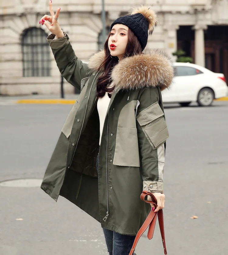 CX-G-D-21A Winter Army Green Women Overcoat Parka Coats Ladies Long Warm Down Coat with Big Real Fox Fur Collar