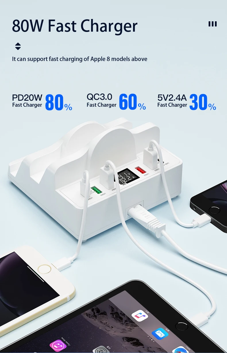 Popular Design 80W USB PD QC Dual Wireless Charger Stand Quick Charge USB Type C Fast Multiple Charging Station