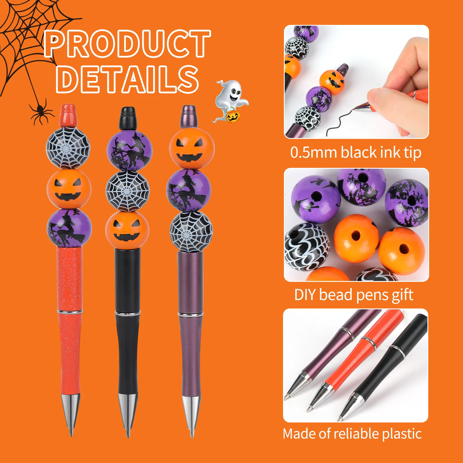 DIY Pumpkin Spider Kawaii Halloween Beadable Pens For Halloween Gifts School Office Supplies Plastic Bead Pens