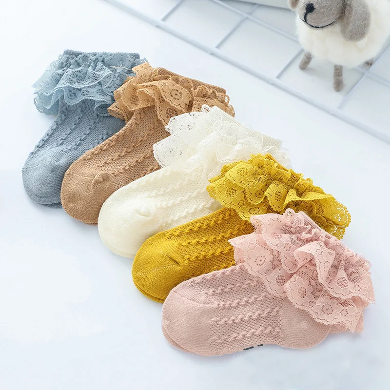 New born girl kids baby socks cotton crew knit with lace ruffle tutu socks