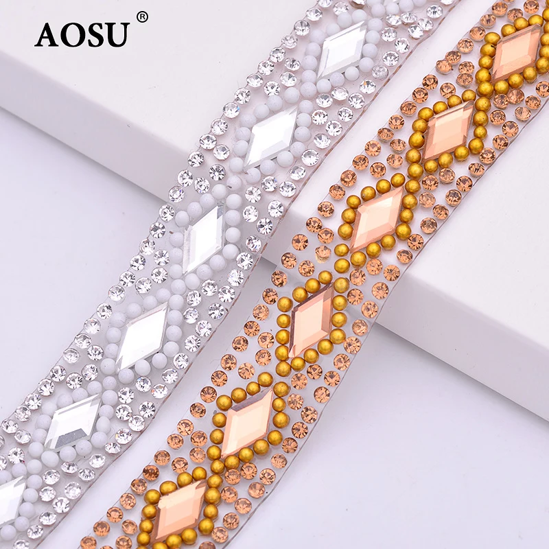 AOSU Wholesale 5 Yard*15mm Clear Color Hotfix Crystal Banding Glass Rhinestone Chain Rhinestone Trim For Dress
