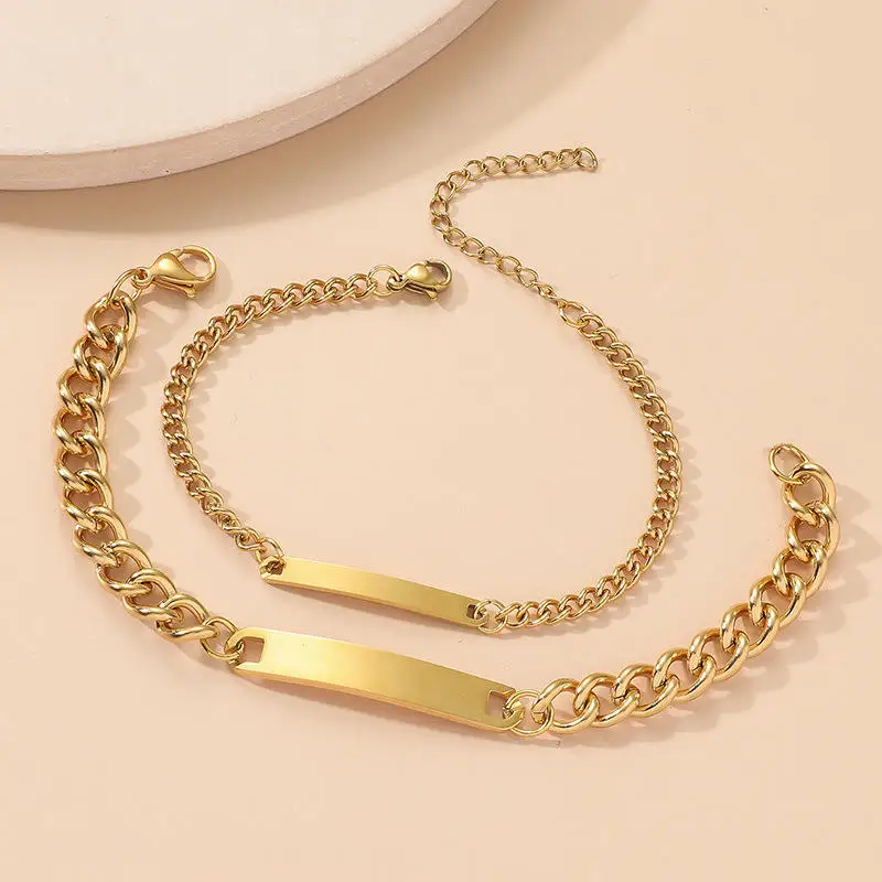 Custom Stainless Steel Name Logo Engraved Couple Bracelet Cuban Chain Bracelets Blank Bar Bracelets Femme Jewelry Manufacturer