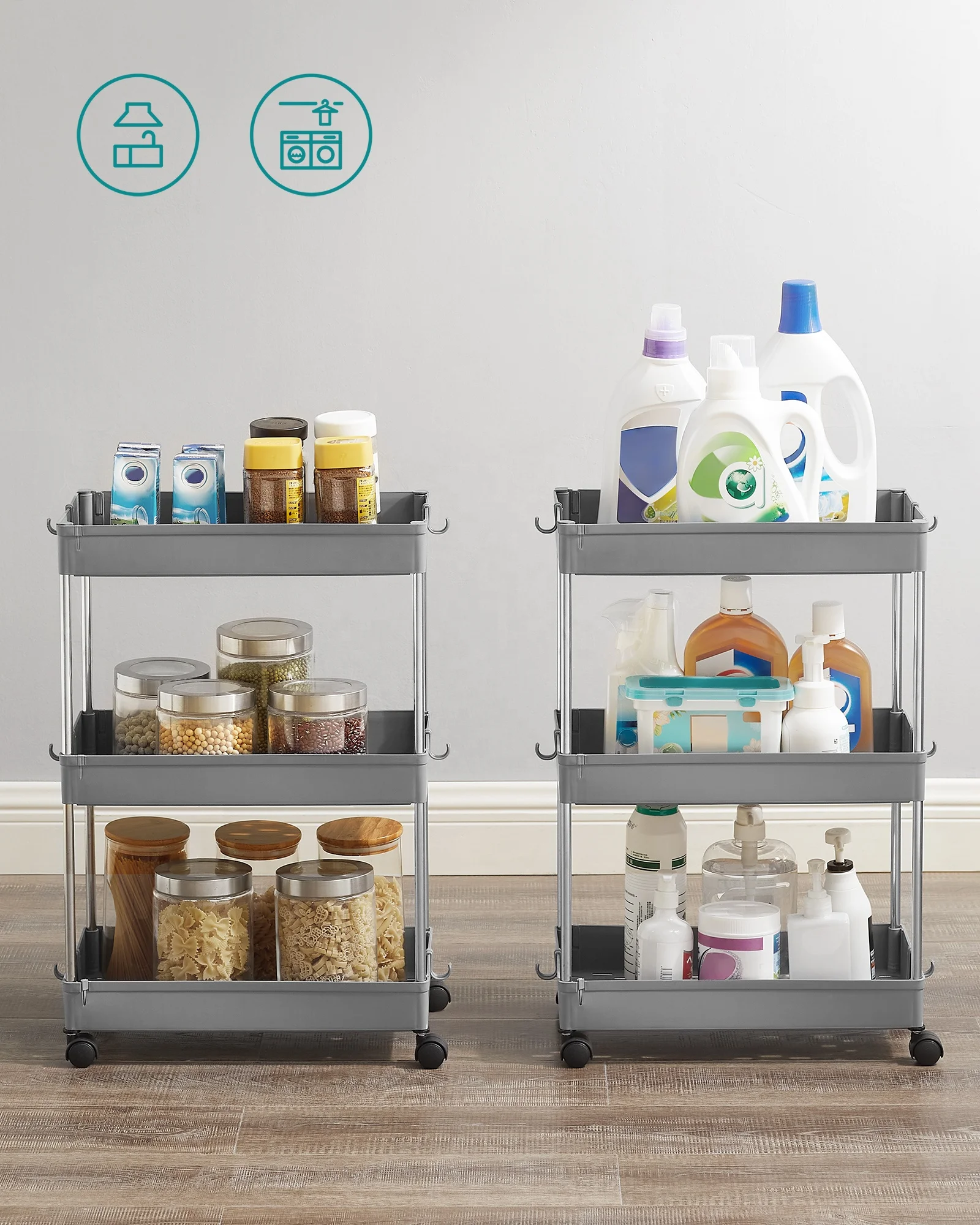 SONGMICS Narrow Storage Trolley for Kitchen Bathroom Office 3 Tier Standing Shelf Unit Storage Holders & Racks