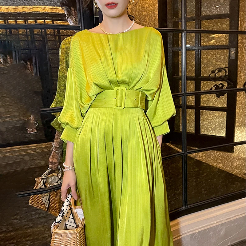 TWOTWINSTYLE Elegant Dress for Women Sashes Lace up Midi Dresses Female 2022 Fashion Clothing New Summer Casual Dresses Woven