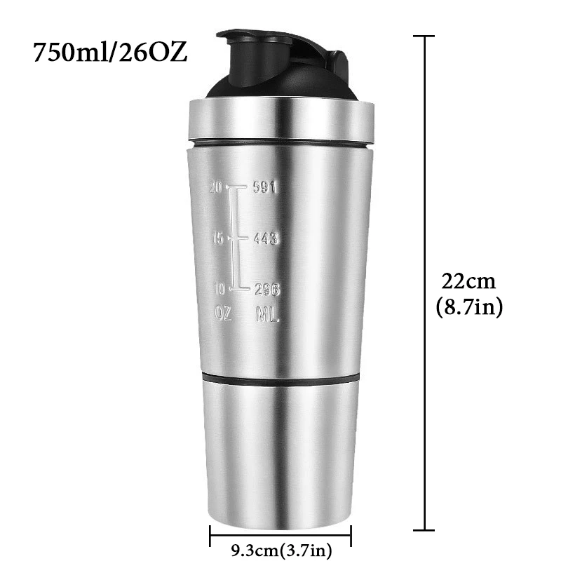 Factory Direct Supply 600+200 ML Bottle Shaker Custom Logo Printing Stainless Steel Double Wall Protein Vacuum Shake