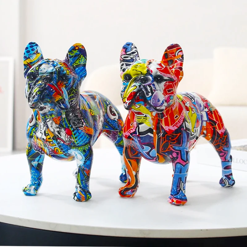 Creative Home Office Living Room Tabletop Artwork Dog Statue Ornaments Graffiti Resin French Bulldog Statue Decoration