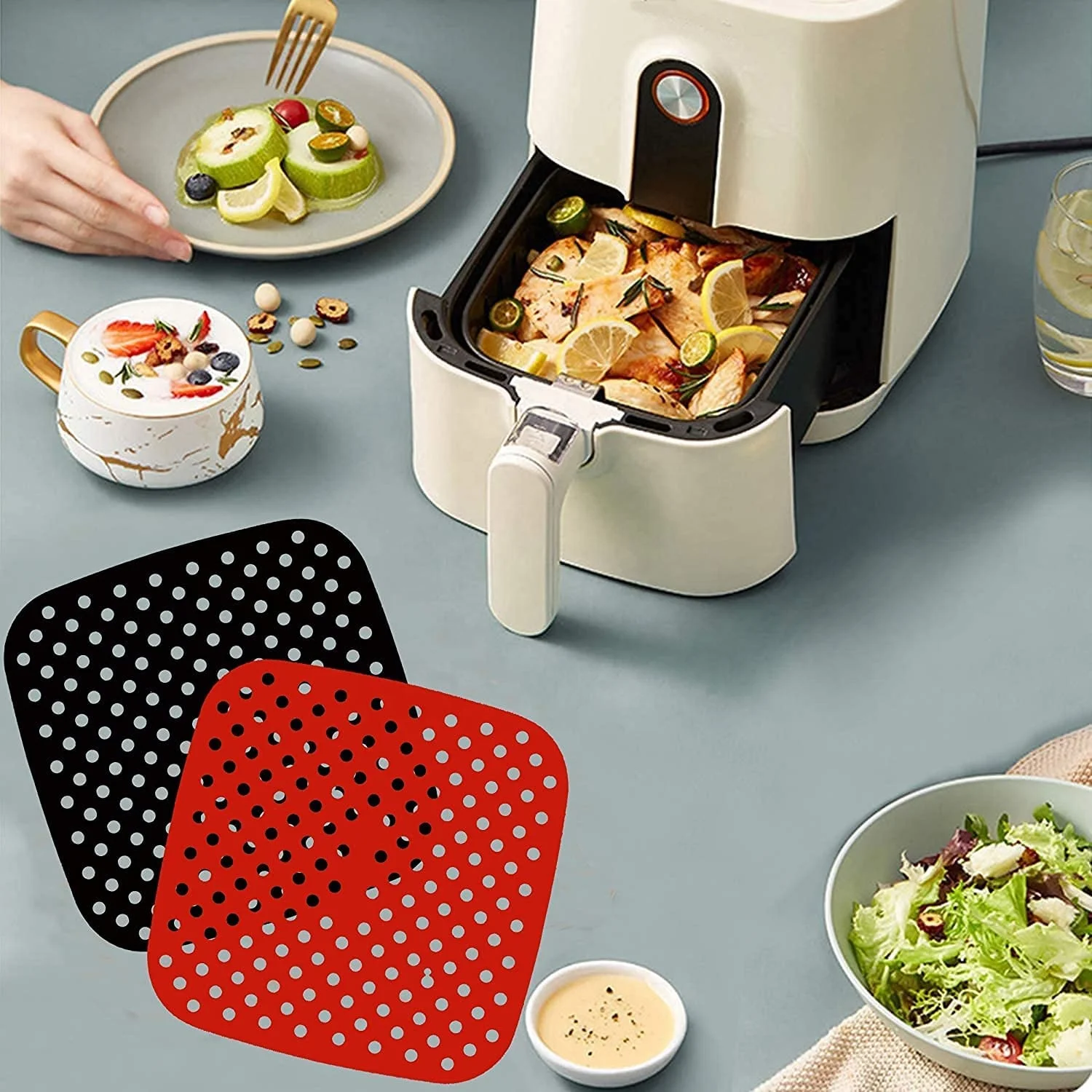 7.5' and 8.5' Reusable Square Frying Pan Liner Silicone Air Fryer Mat For Air Fryer Basket And More