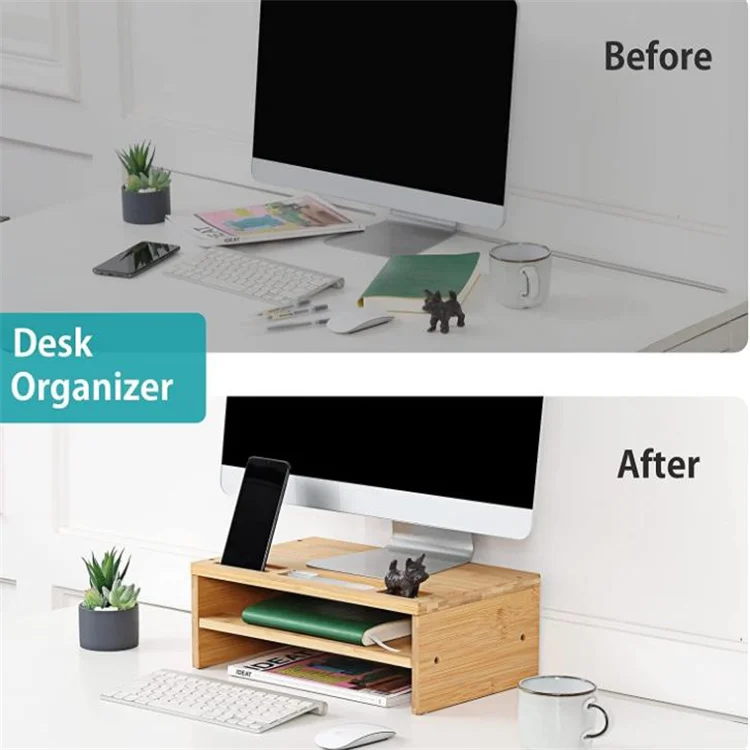 2-Tier Bamboo Monitor Riser Stand Desk Laptop Stand Desk Organizer Bamboo Monitor Stand
