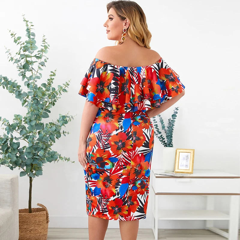 2022 Summer Ladies Elegant Dress Women Floral Off Shoulder Midi Dress Plus Size Dress