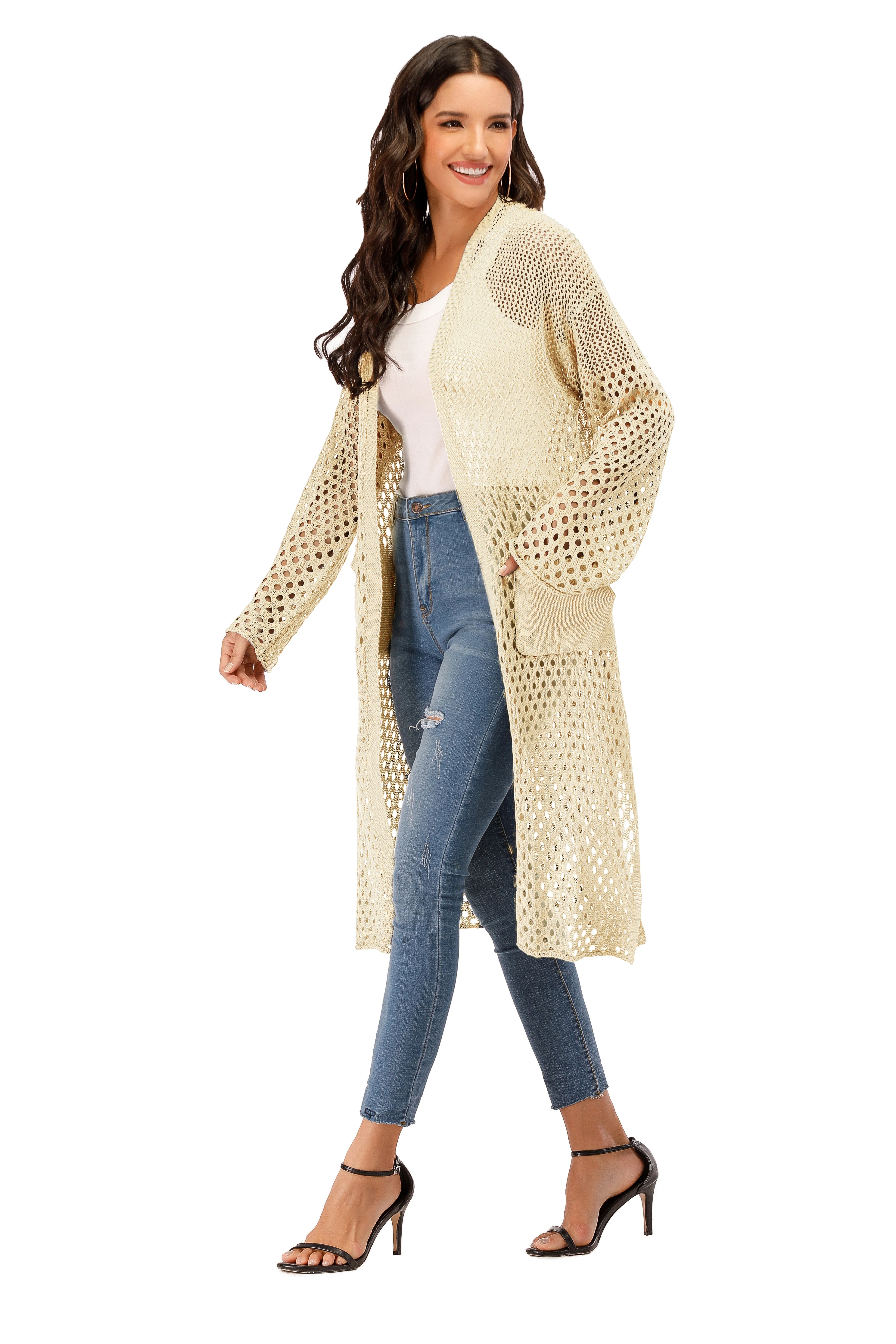 Оптовая Продажа с фабрики новое летнее женское вязаное пальто длинными рукавами и карманами длинное пальто-кардиган