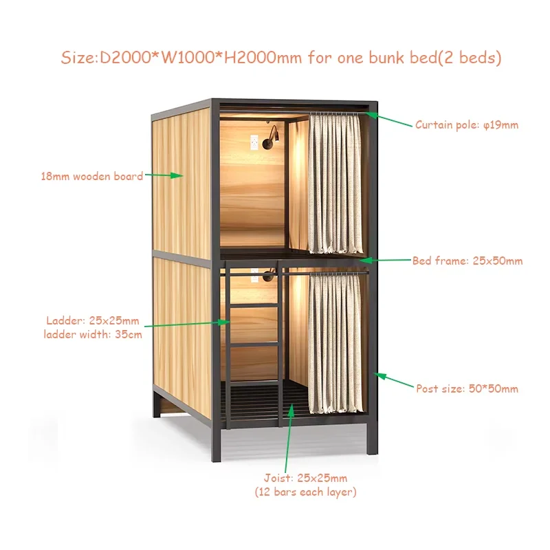 Modern Minimalist Style Iron Bunk Bed Space Capsule for Student Dormitory with Large Storage Space