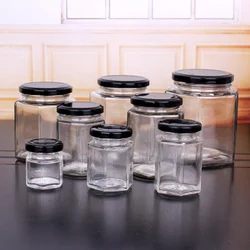 50ml 80ml 100ml 200ml 380ml 730ml hexagon glass honey jar cheap jam jars with metal lids