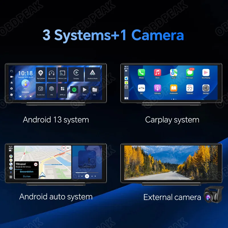Android 13 10.26 Inch 2G+32G CarPlay & Android Auto 8-Core 8541 Car DVR GPS BT AUX FM Rearview Mirror Video Recorder