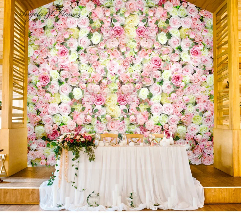 Cheap Artificial Rose Pompon Flower Wall Panel Wedding Backdrop Decor flower wall