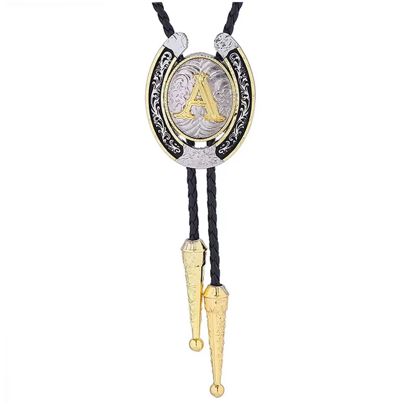 U shape two-color plating zinc alloy western cowboy bolo tie clip Black leather rope animal Bolo tie Necklace for men