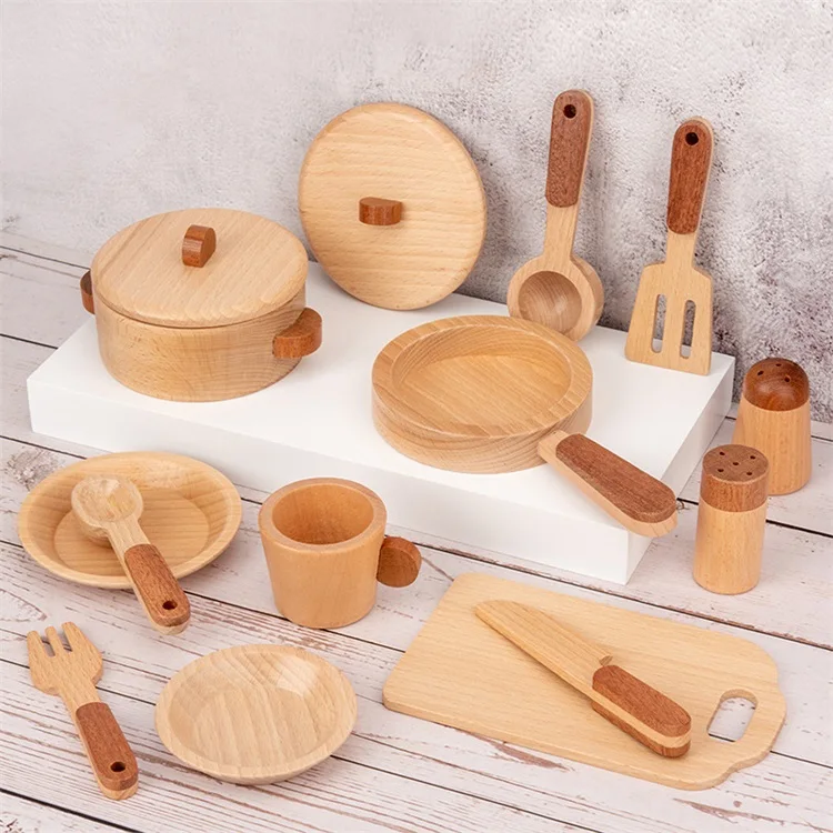 Pretend Cooking Food Play Dinnerware Set Children Girl Toy Gift Fun Game Wooden Kitchen Toys