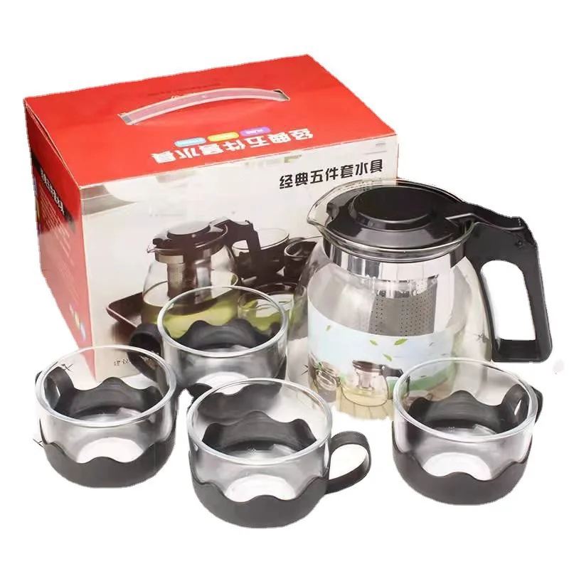 Cheap 5 Piece Teapot Set Household Clear Glass Flower Teapot Creative High Temperature Filter Teapot Set with 4 Cups