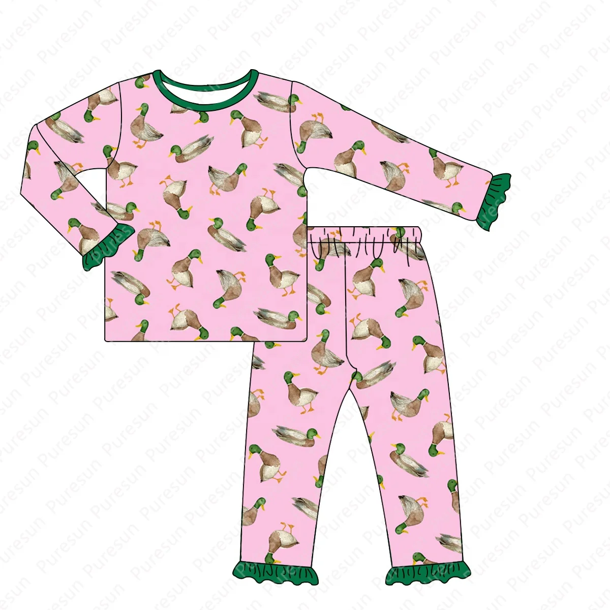 Toddler boy custom mallard ducks print Bamboo PJs wholesale baby boy two pieces outfit OEM kids long sleeve cotton pajama set
