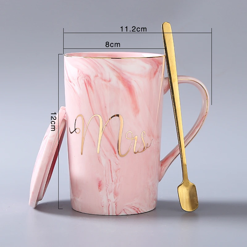 M025 High Quality Wholesale Custom couple mr and mrs set of 2 marble ceramic coffee cup mugs gift box set with lids and spoons