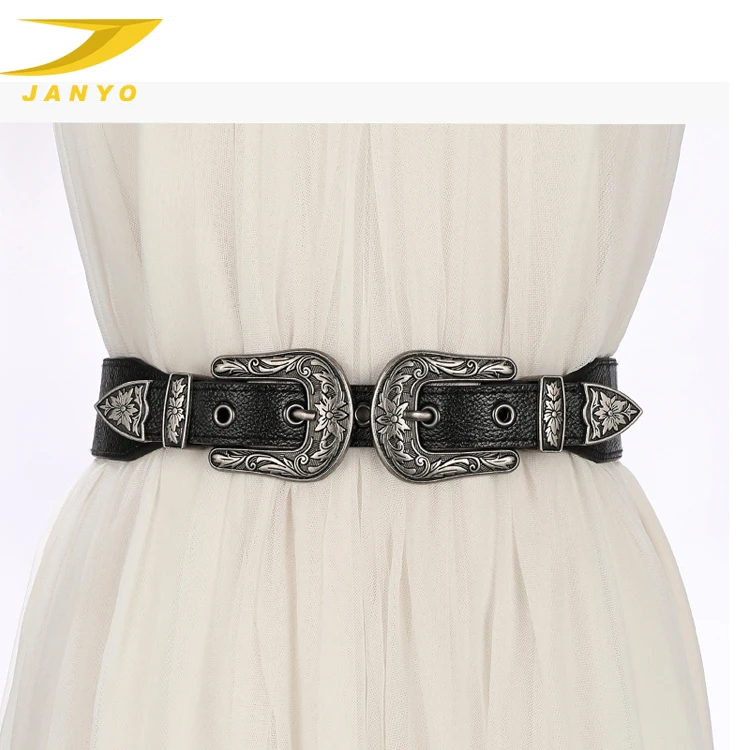 New Style Funky Vintage Elegant Double Buckle Stylish Designers Pu Leather Lady Belt