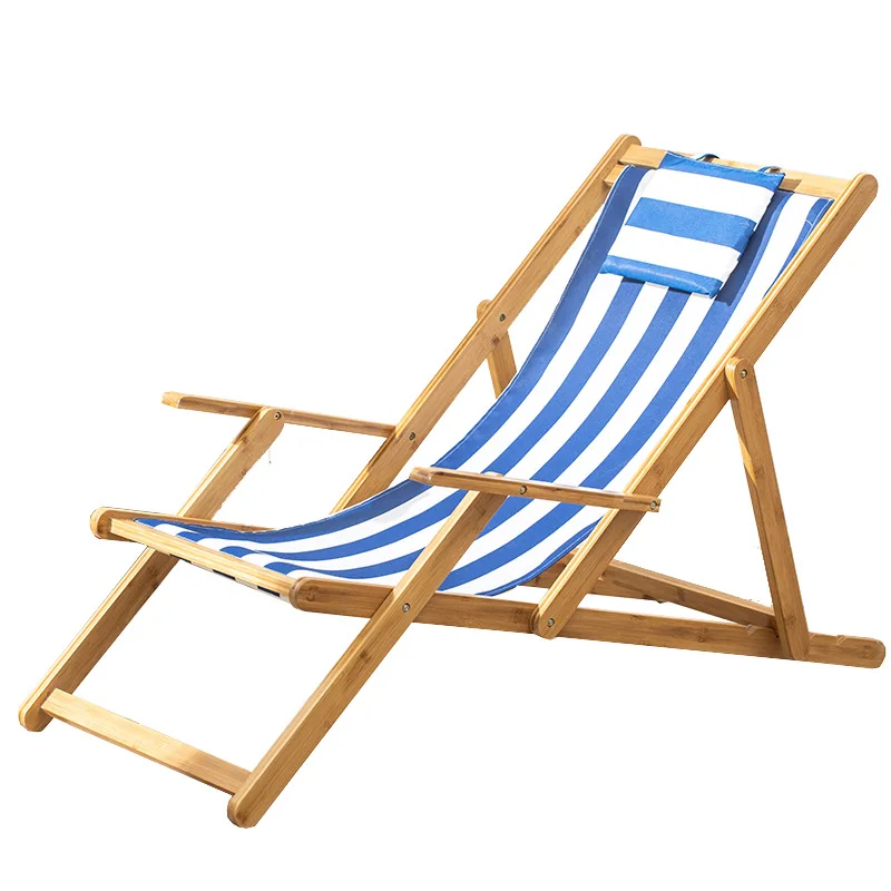 Adjustable Height Red Stripe Pattern Moon Chair Foldable Wooden Beach Chair With Pillow