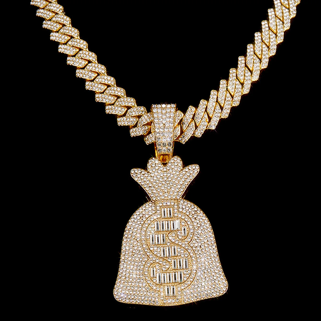 Personalised Ice Candy Diamond Dollar Coin Money Bag Pendant Diamond Cuban Necklace Hip Hop Rap Jewellery