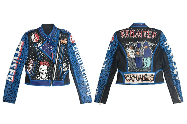 Leather Girl Street Rivets Leopard Letters Graffiti Colorful  Printed  Motorcycle Short Turn-down collar  Punk Rock Jackets