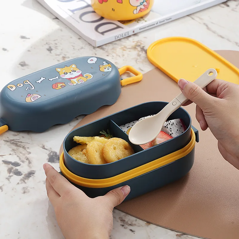 Cartoon Design Lunch Box for Kids School Children Plastic Bento Lunchbox 2-Layer Students Lunch Box with Spoon 850ml