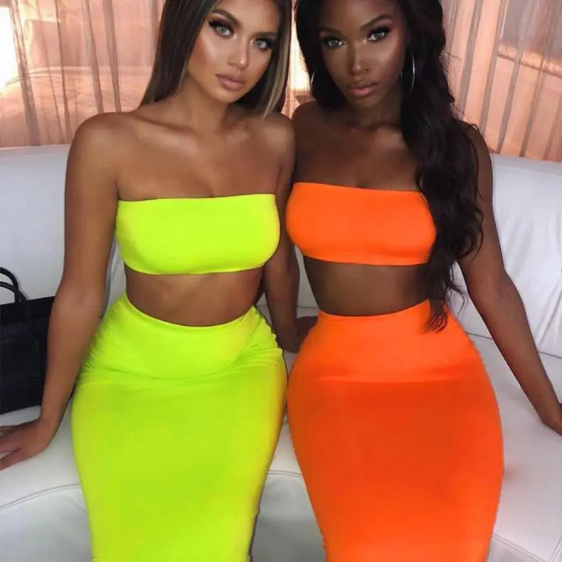 
Women Sexy Tube Top Two Pieces Knitted Ruched Bodycon Clubwear Mini Neon Green Dress 