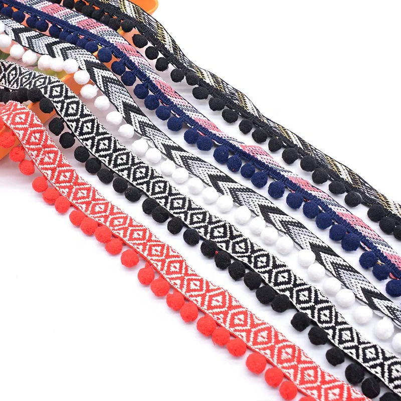 Wholesale Jacquard Pattern Pompom Lace Trims Pom Tassel Fringe Sewing on Webbing for Garment Textile Accessories