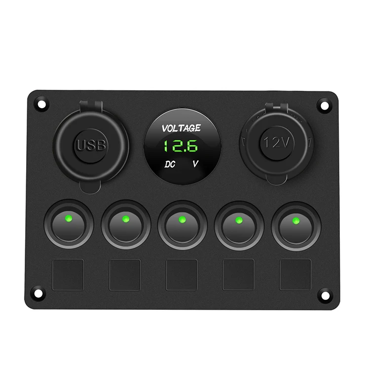 5 Gang Marine Switch Panel 12v With Usb Charger Socket And Voltage Meter