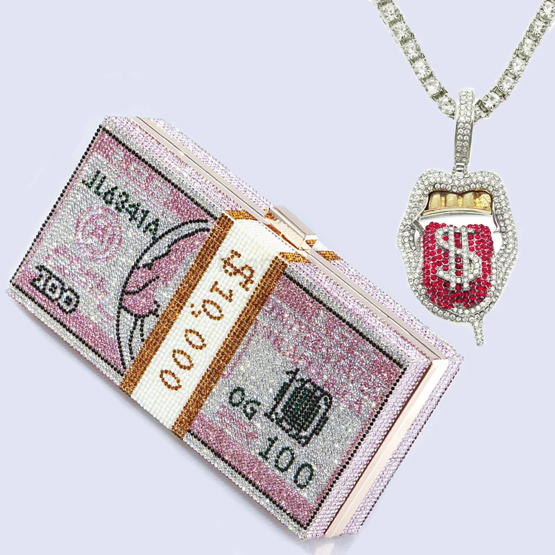 Dollar Pendant Diamond Gold Necklace and Rhinestone Crystal Money Bag Clutch Set For Fashion Women