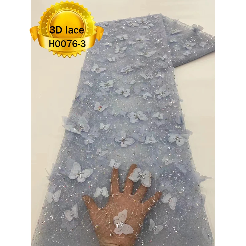 Yellow color butterfly pattern african french women dress tulle 3d embroidery french lace fabric With Beads