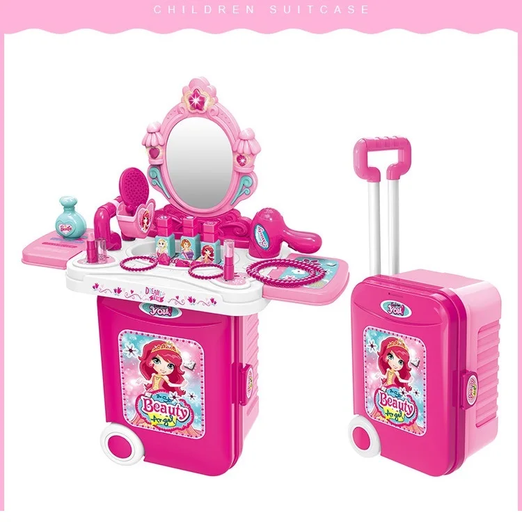 Hot Sell Girl Cosmetic Pretend Play Toy House 3 IN 1 Set Trolley Suitcase Make Up Toy For Girl