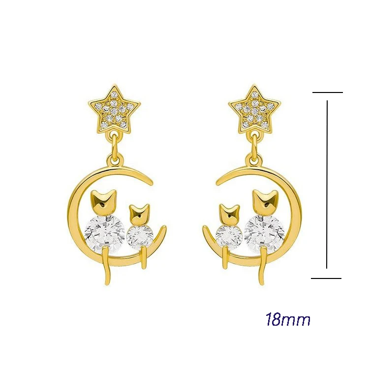 Slovehoony S925 Sterling Sliver Moon And Cute Cat Mother Child Gold Plated Huggies Kitties Jewelry Earrings Elegant For Women
