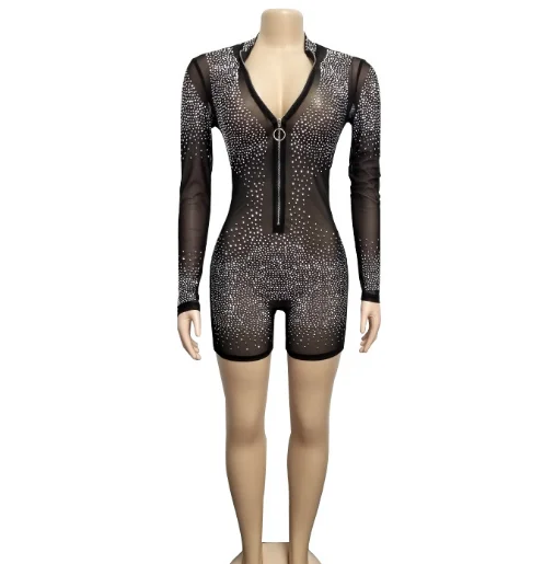 
Stylish hot drilled rhinestone mesh see-through Bodycon Nightclub Trendy Jumpsuit 